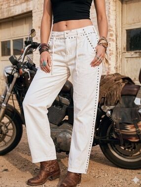 Pete & Greta (by Johnny Was) White  Studded Wide Leg Utility Pants, 4